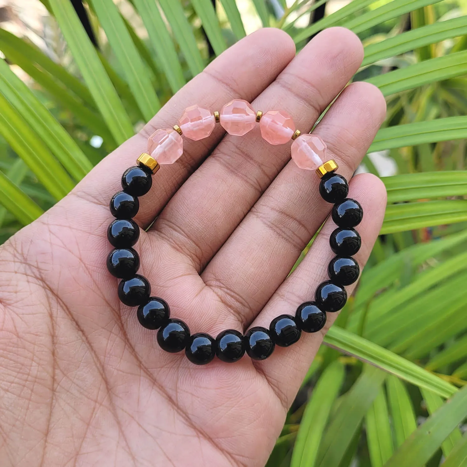 Diamond Cut Strawberry Quartz With Black Obsidian And Golden Hematite Bracelet