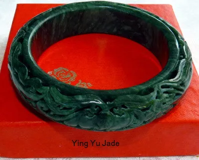 Dynasty Collection-Happiness and Good Things in Life Deep Green Carved Chinese Jade Bangle 56mm (DC116)