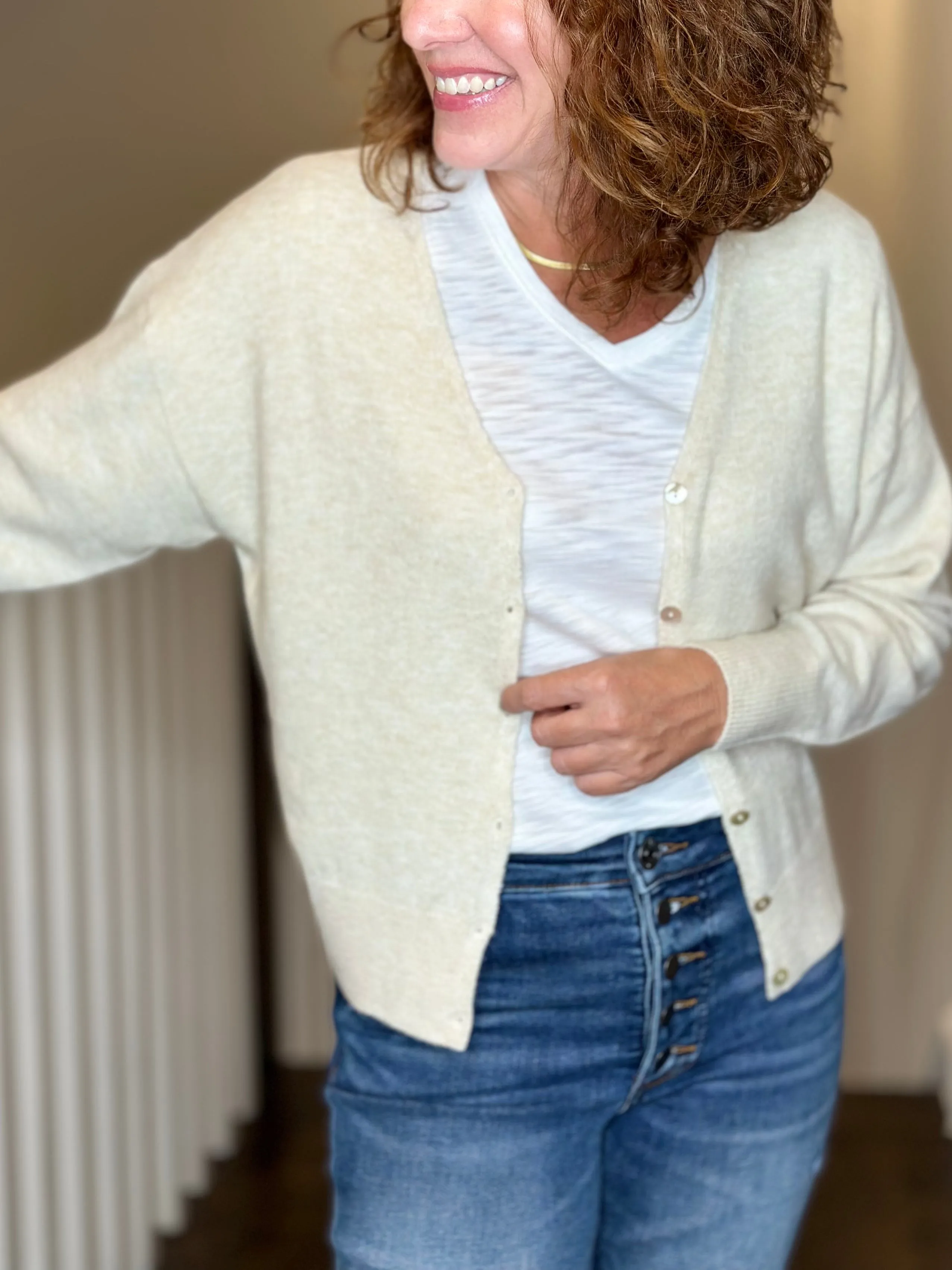 Esqualo V Neck Cardigan in Light Sand