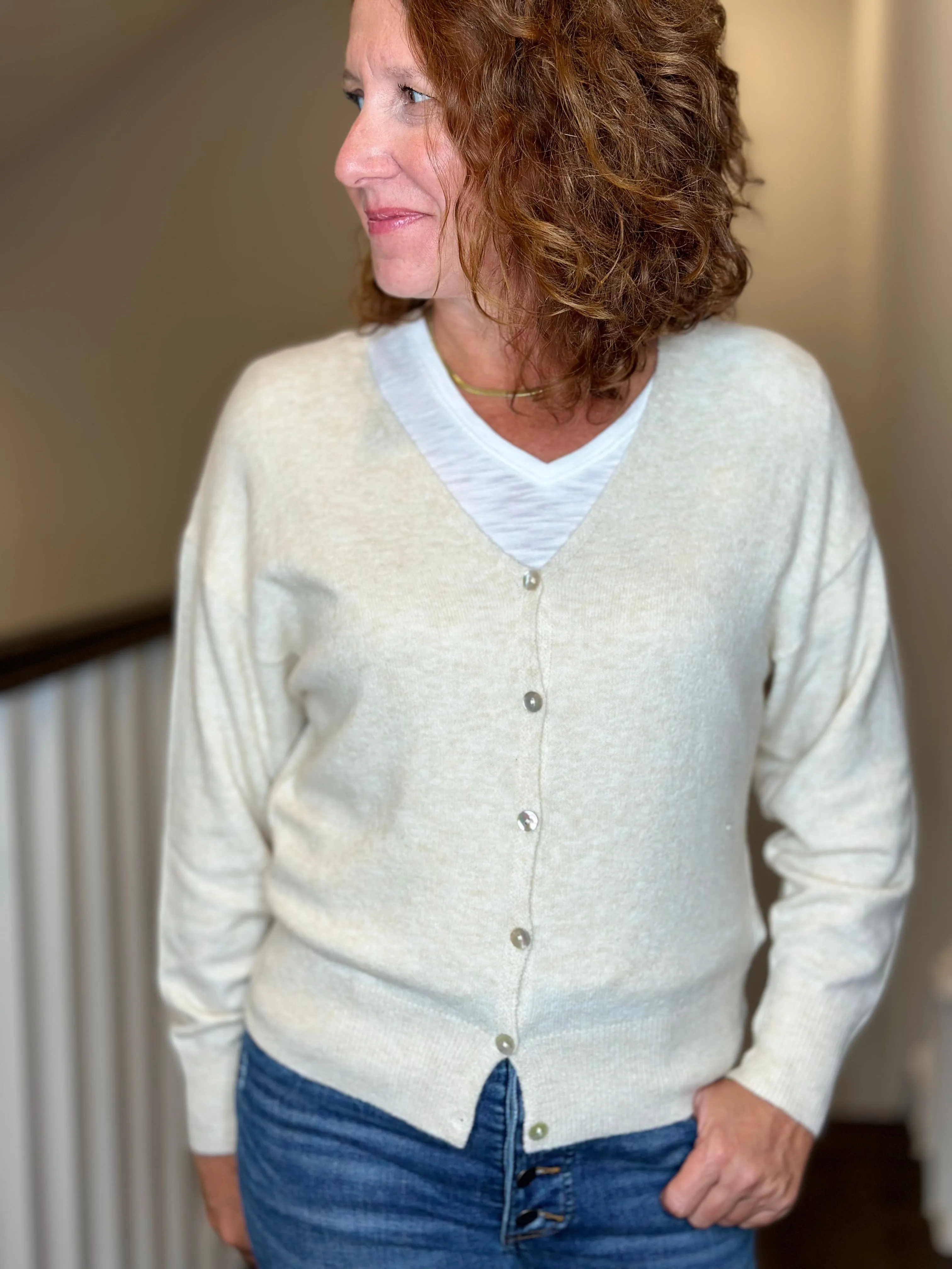 Esqualo V Neck Cardigan in Light Sand