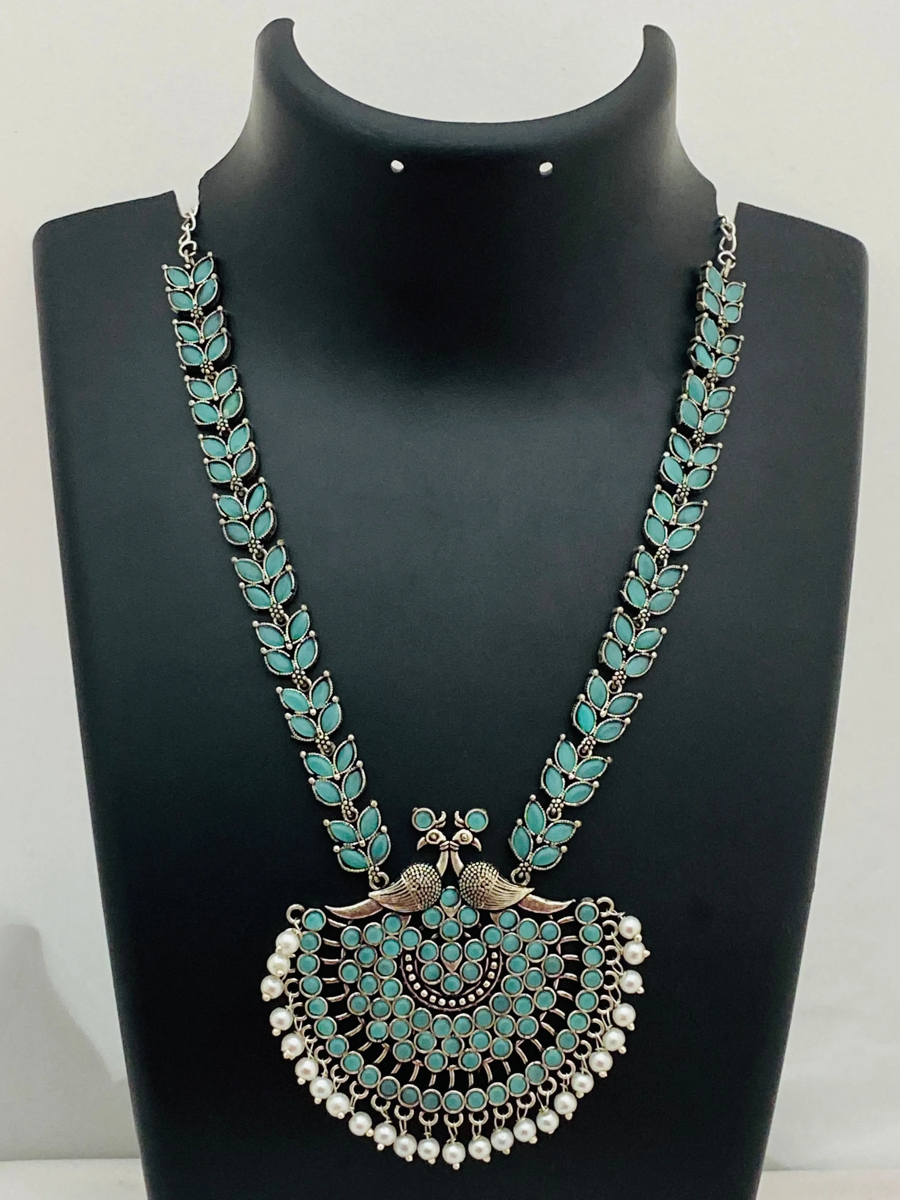 Exclusive Fashionable Oxidized Light Blue Heavy Pendant Necklace With Earrings