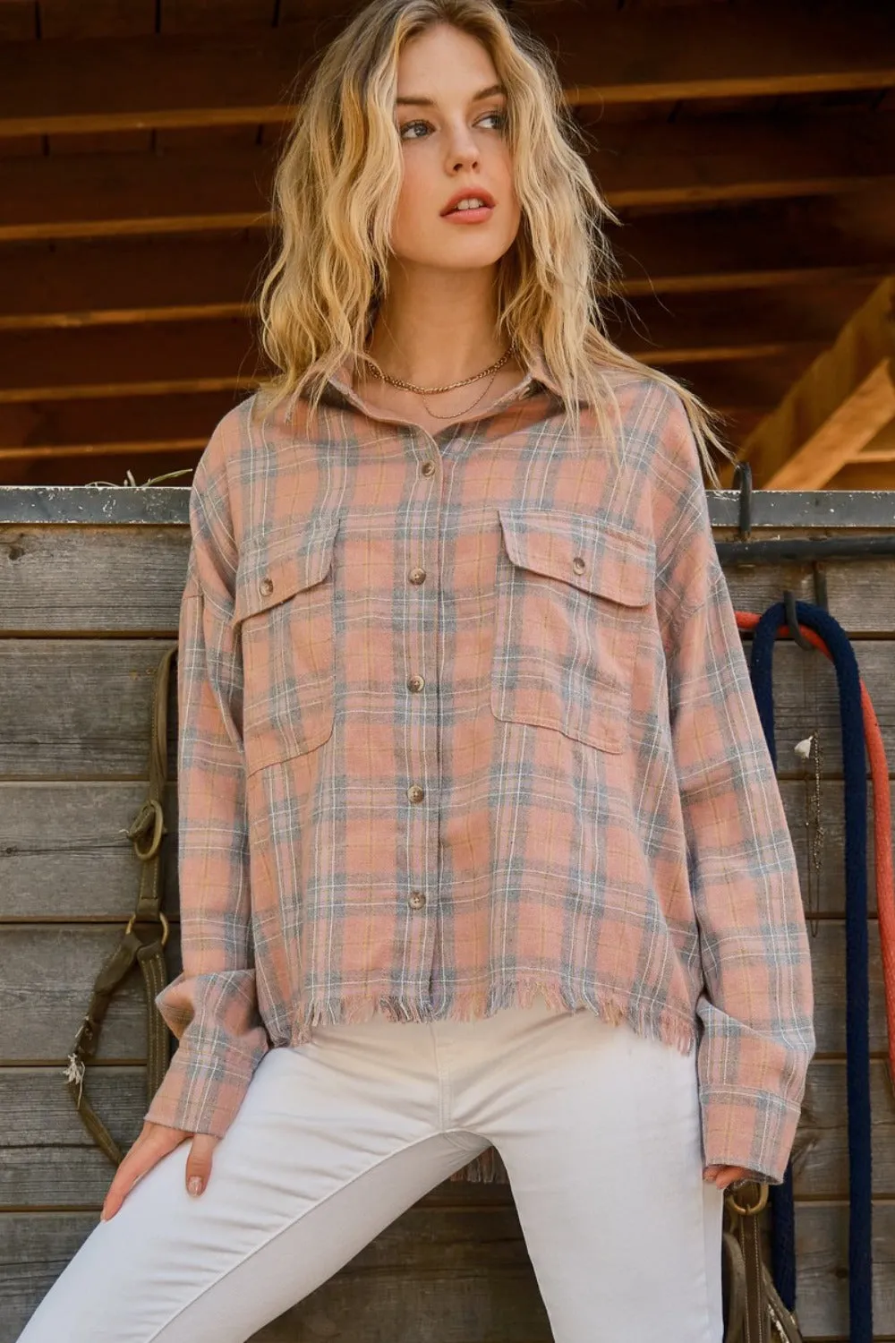 Explore More Collection - And The Why Full Size Plaid Button Up Raw Hem Shirt