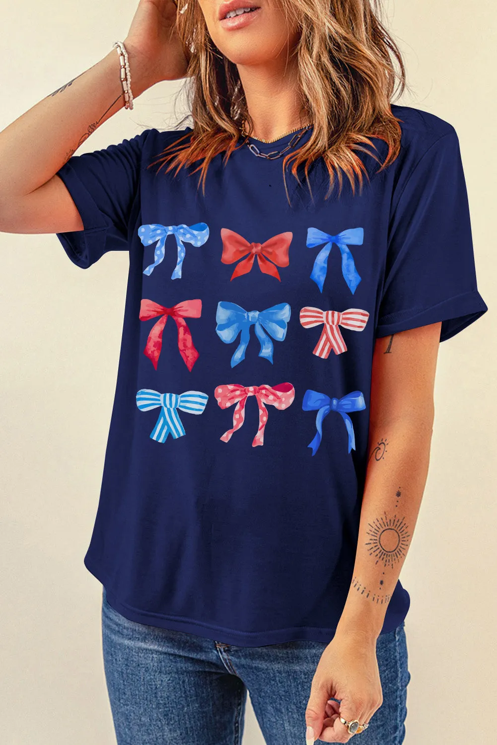 Explore More Collection - Bow Graphic Round Neck Short Sleeve T-Shirt