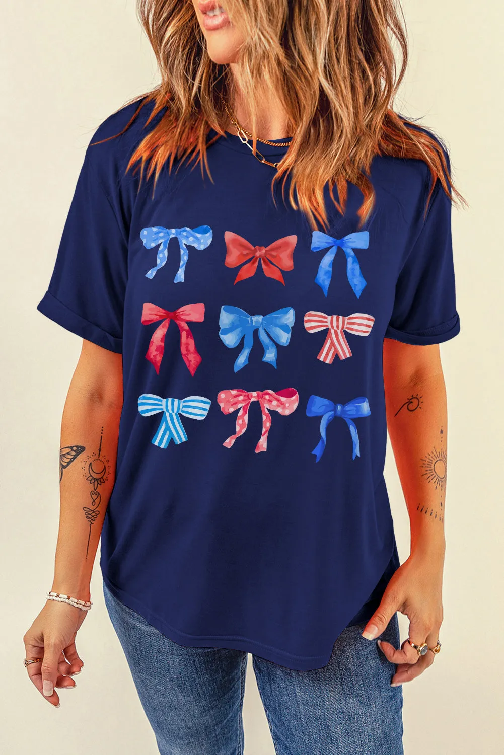 Explore More Collection - Bow Graphic Round Neck Short Sleeve T-Shirt