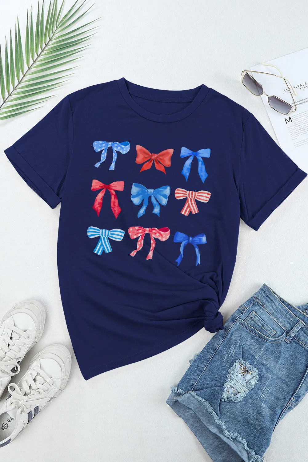 Explore More Collection - Bow Graphic Round Neck Short Sleeve T-Shirt