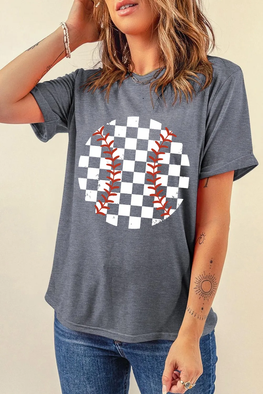 Explore More Collection - Checkered Graphic Round Neck Short Sleeve T-Shirt