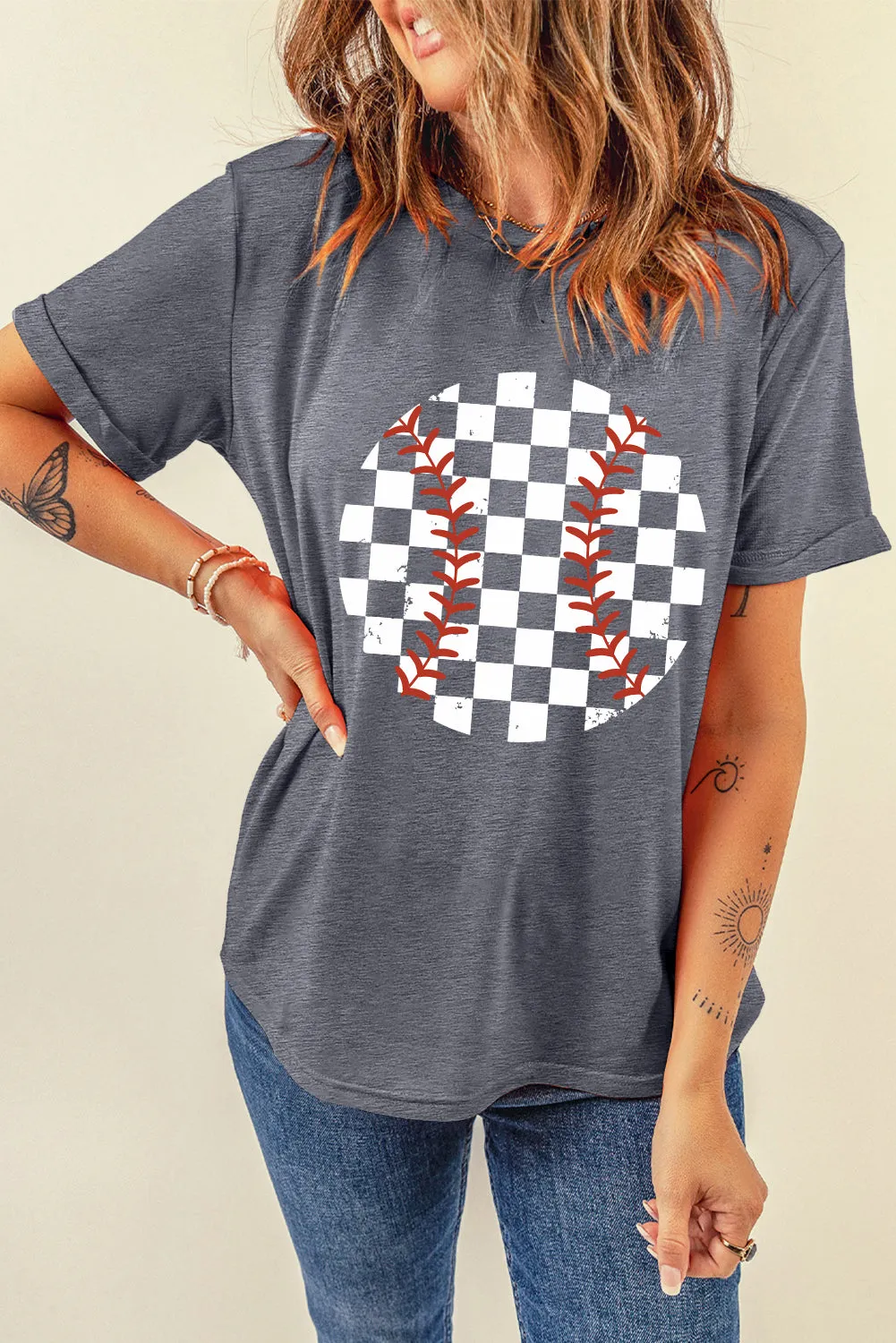 Explore More Collection - Checkered Graphic Round Neck Short Sleeve T-Shirt