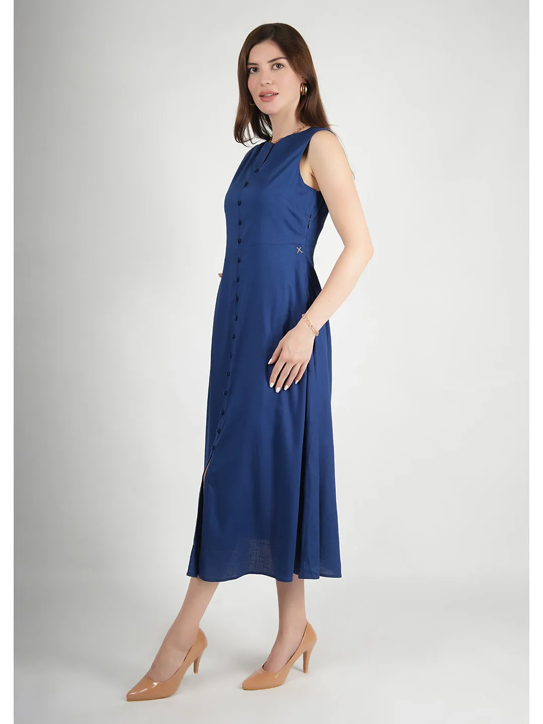 Exude Glowing Front Button Dress With Pockets (Royal Blue)