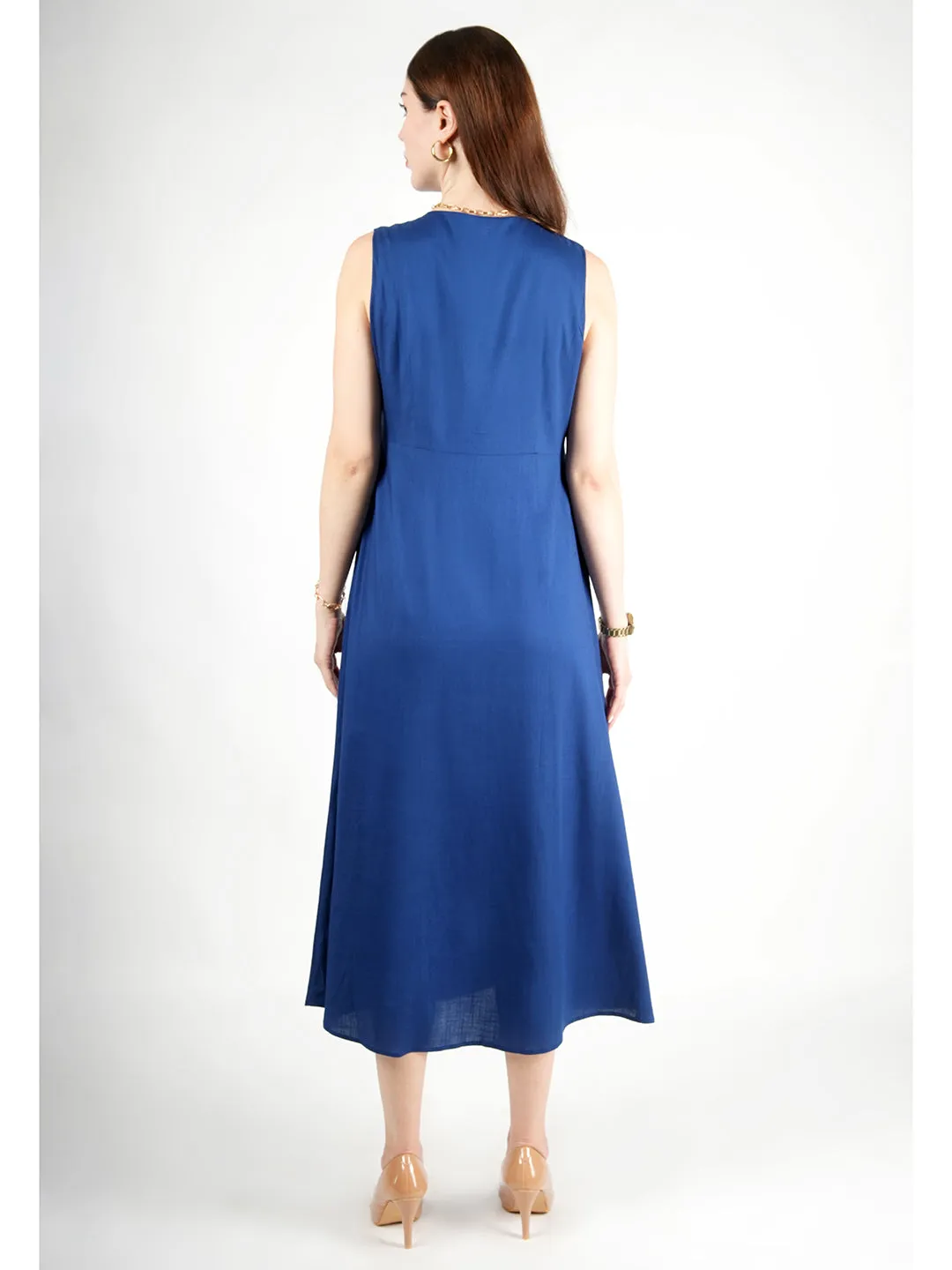 Exude Glowing Front Button Dress With Pockets (Royal Blue)