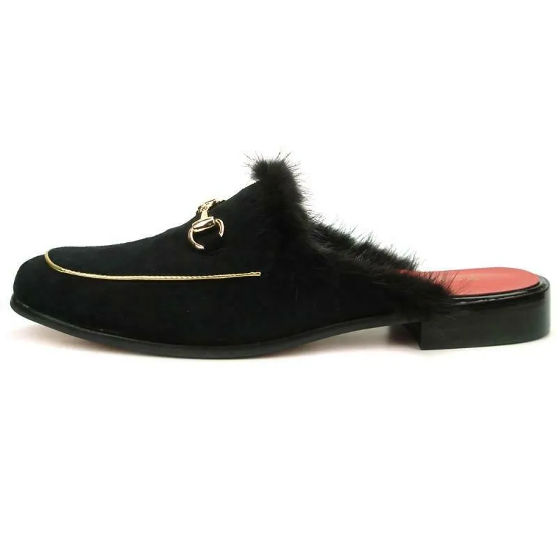 Fiesso Suede Mules Sandals With Fur FI 7187-2 Black,Red,Green,White,Tan