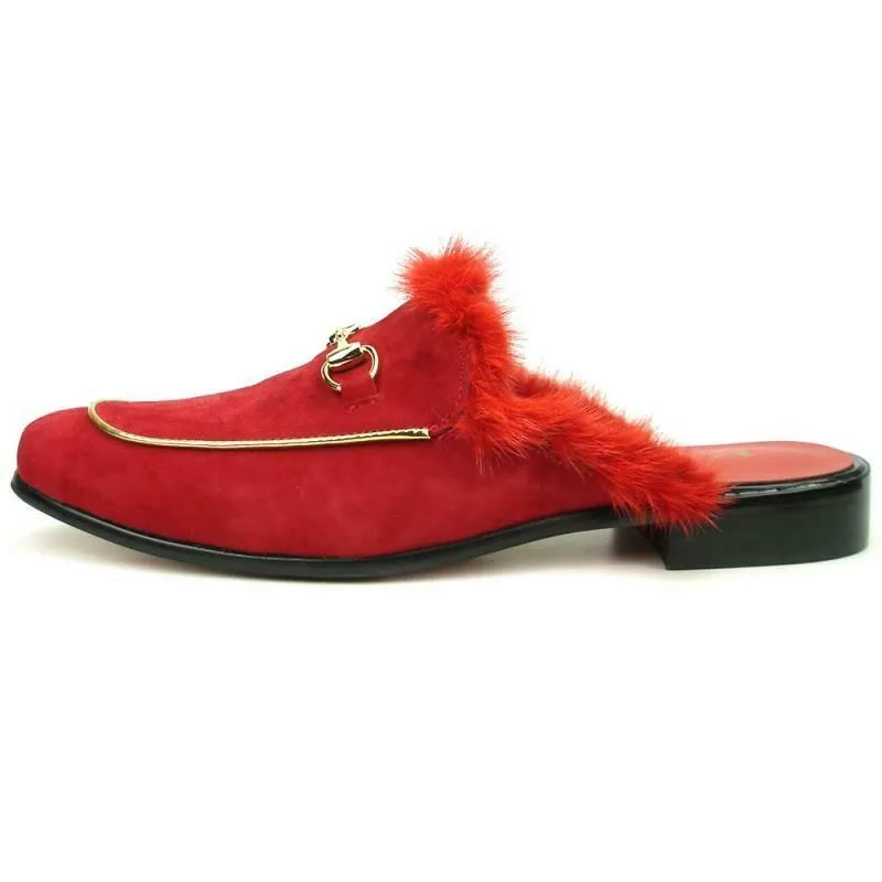 Fiesso Suede Mules Sandals With Fur FI 7187-2 Black,Red,Green,White,Tan