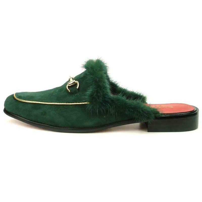 Fiesso Suede Mules Sandals With Fur FI 7187-2 Black,Red,Green,White,Tan