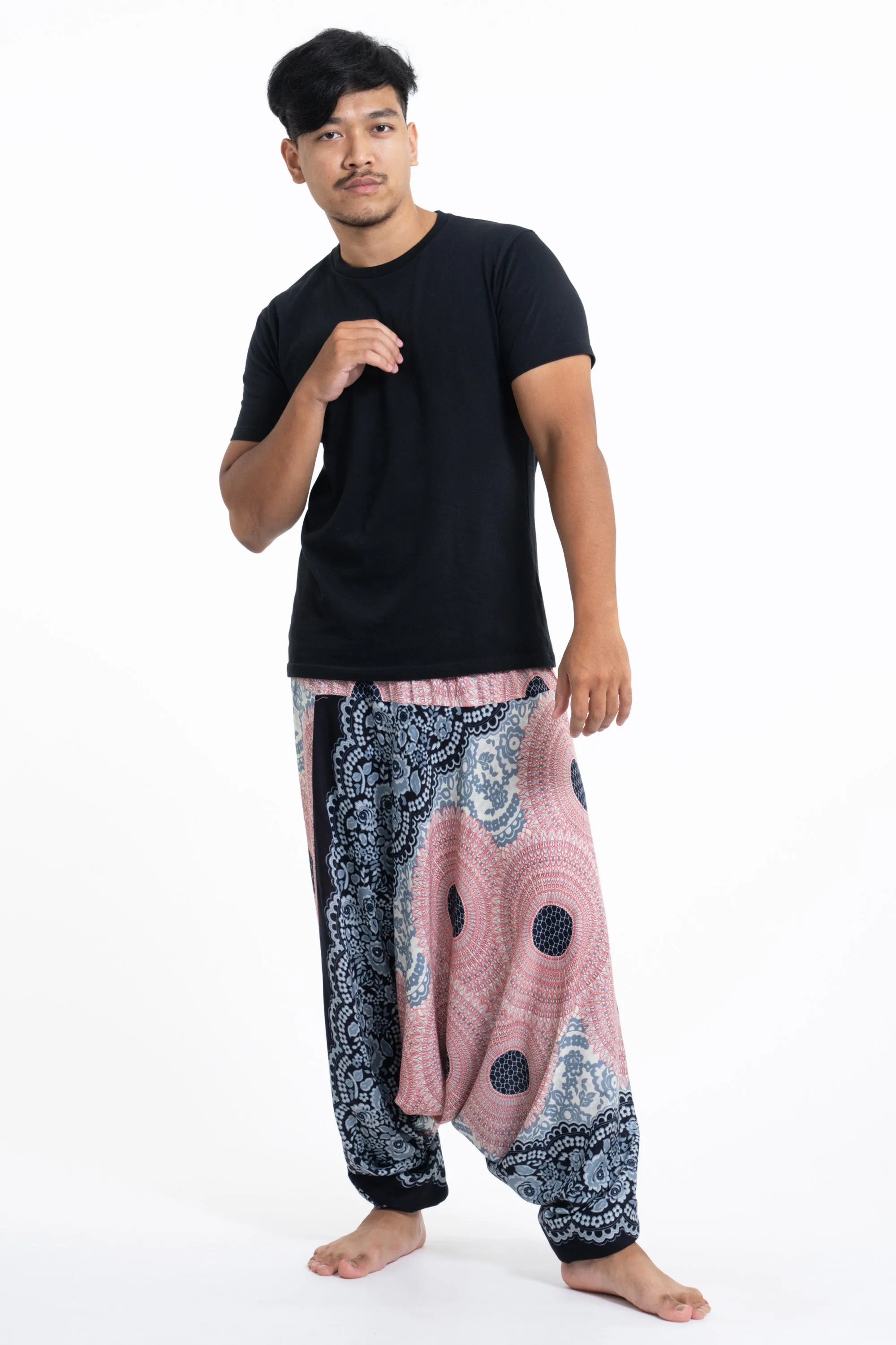 Geometric Mandalas Drop Crotch Men's Harem Pants in Pink Blue