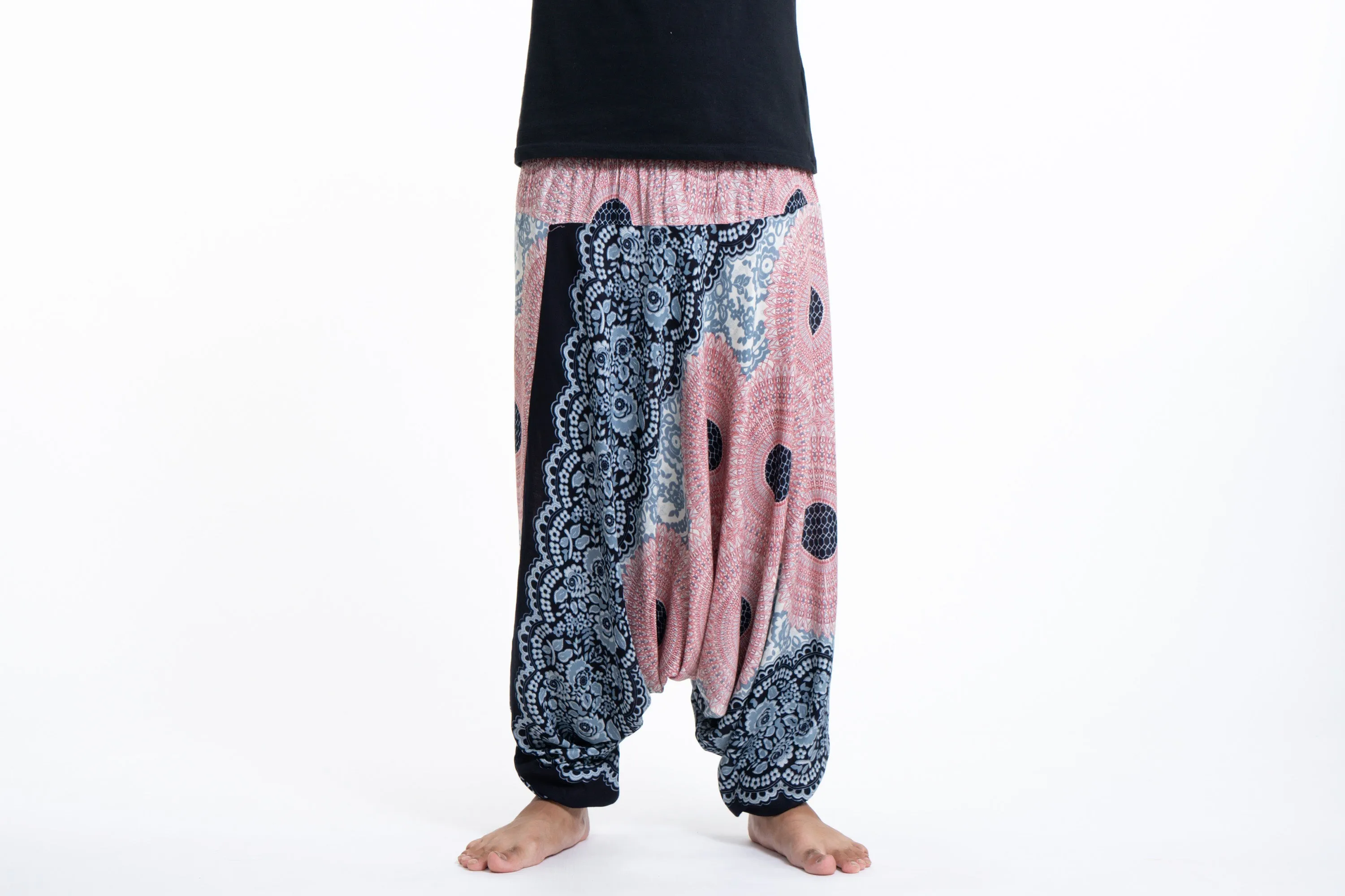 Geometric Mandalas Drop Crotch Men's Harem Pants in Pink Blue