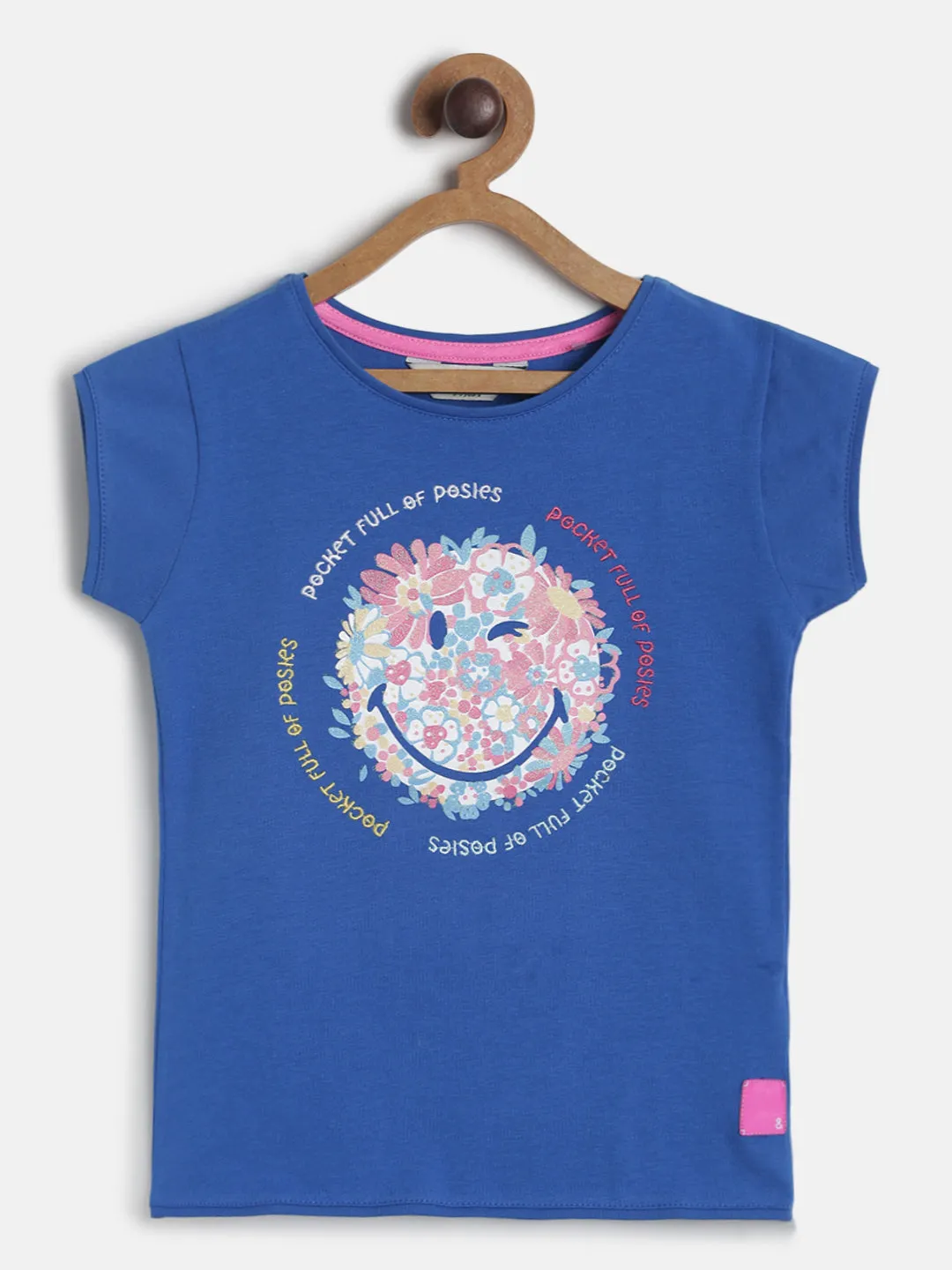 Girls Royal Blue Lycra Print Half Sleeve T-shirt