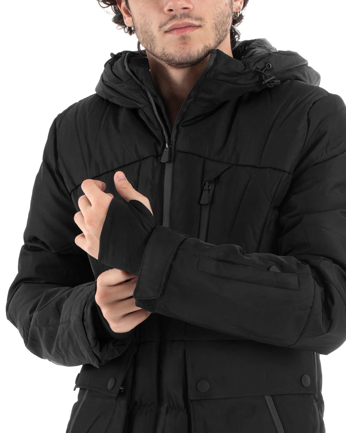 Giubbotto Uomo Bomber Nero Tasche Cappuccio Casual Imbottito GIOSAL-G3004A