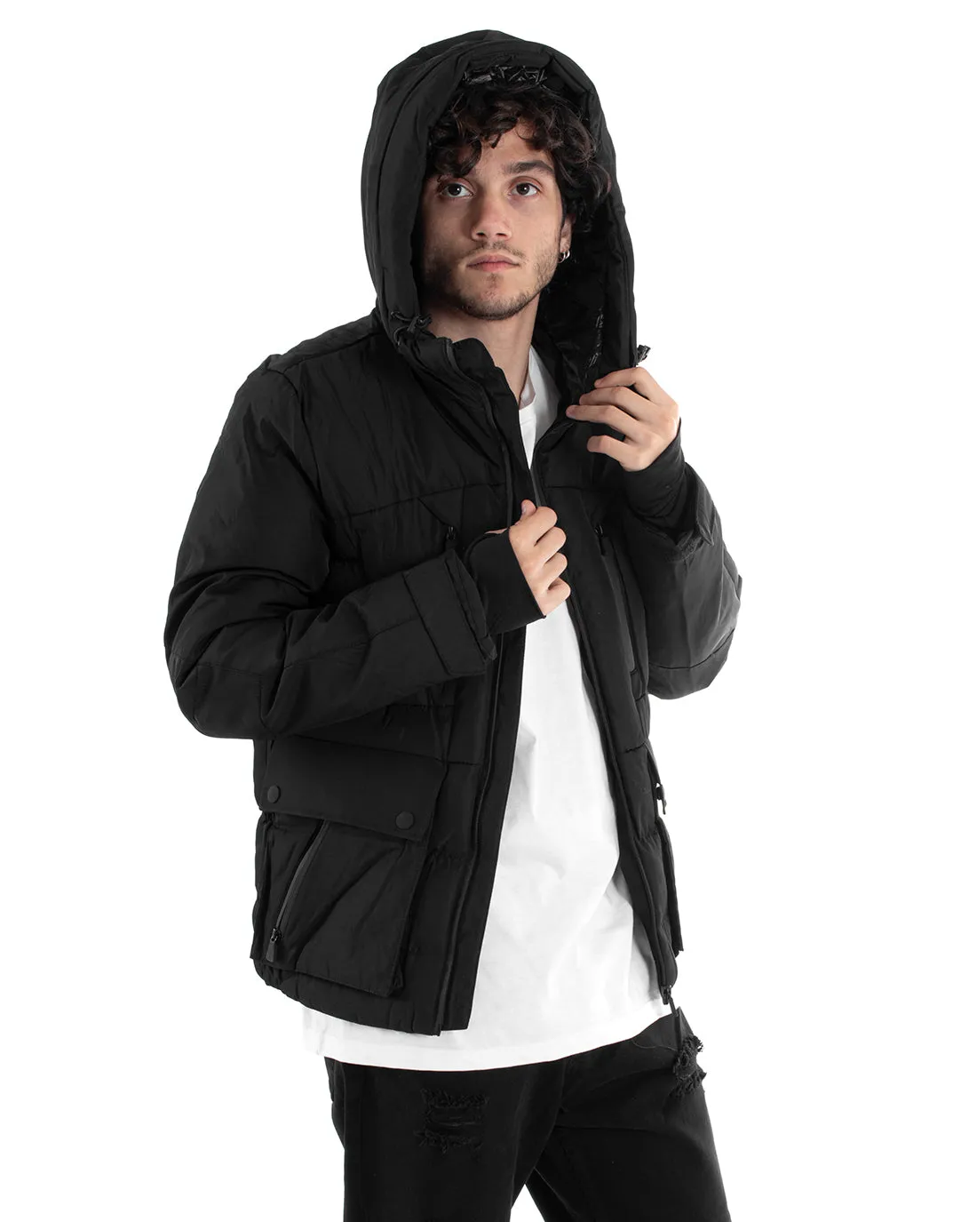 Giubbotto Uomo Bomber Nero Tasche Cappuccio Casual Imbottito GIOSAL-G3004A