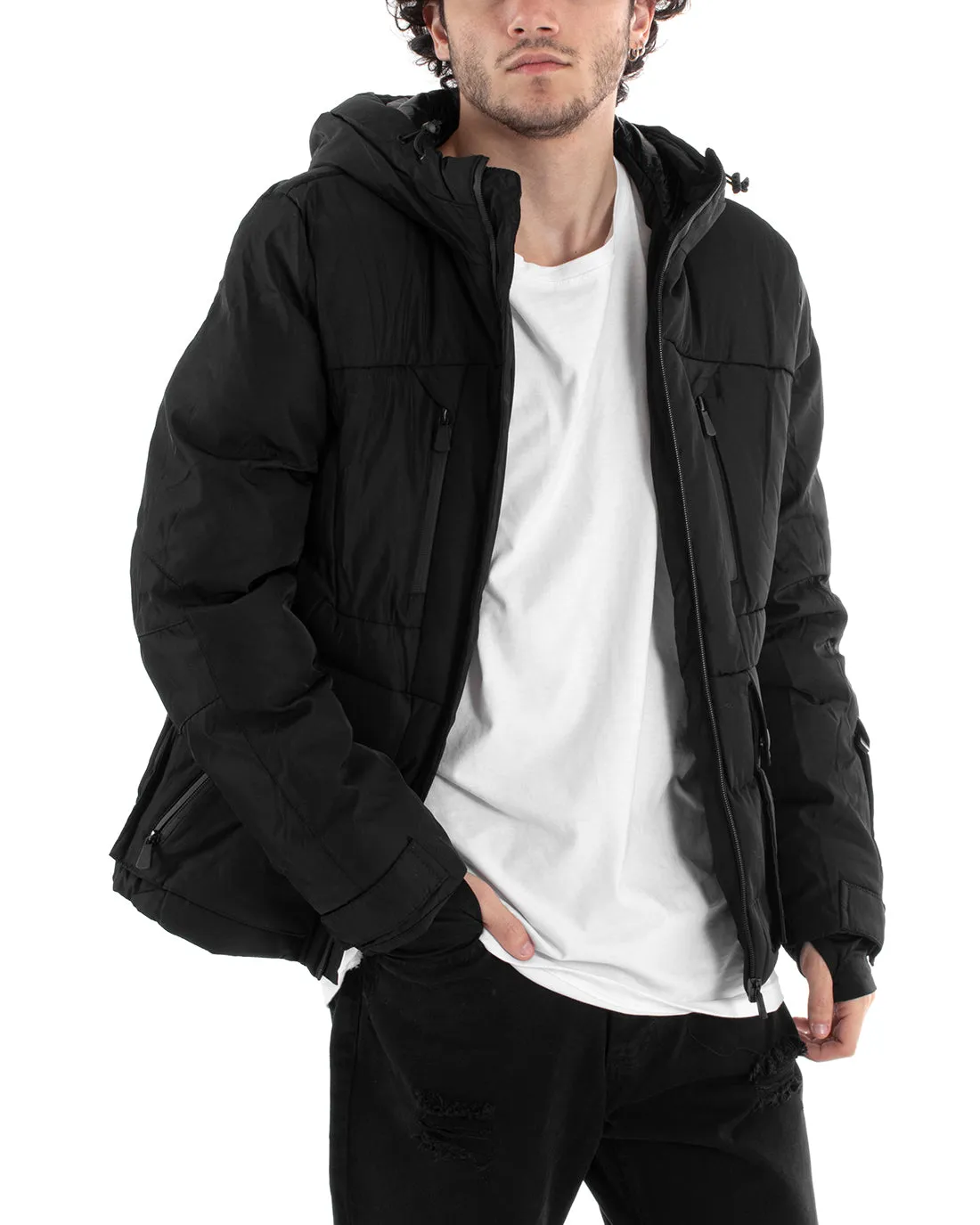 Giubbotto Uomo Bomber Nero Tasche Cappuccio Casual Imbottito GIOSAL-G3004A