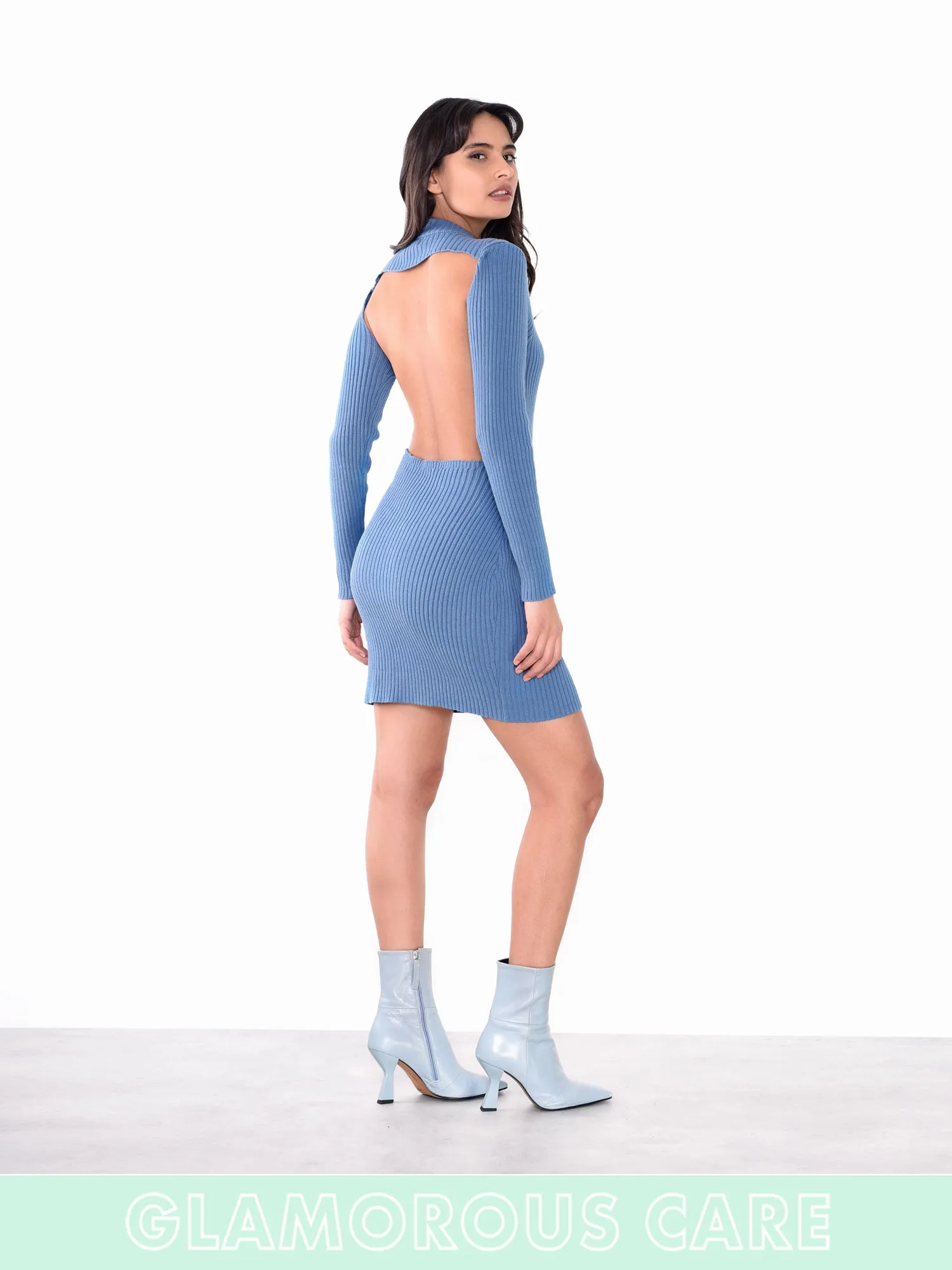 Glamorous Care Stone Blue High Neck Long Sleeve Backless Ribbed Mini Dress