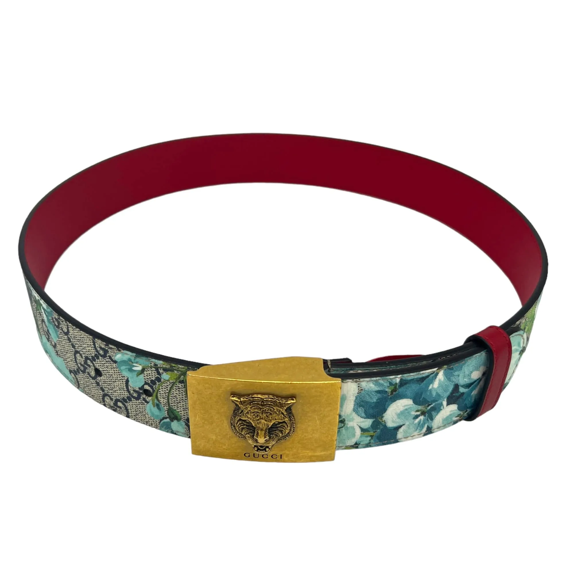 GUCCI GG Supreme Blooms Belt with Tiger Head Buckle - Blue