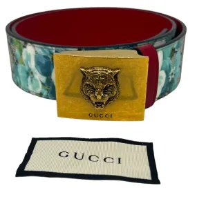 GUCCI GG Supreme Blooms Belt with Tiger Head Buckle - Blue