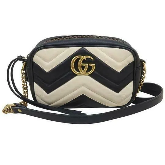 Gucci Marmont Gg Mini Matelassé White Chevron Black Leather Shoulder Bag