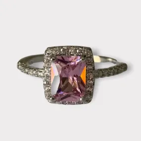 Halo Cushion Cut Pink White Diamond Ring .925 Silver Size 5.5