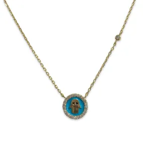 Hamsa Teal Disc Necklace