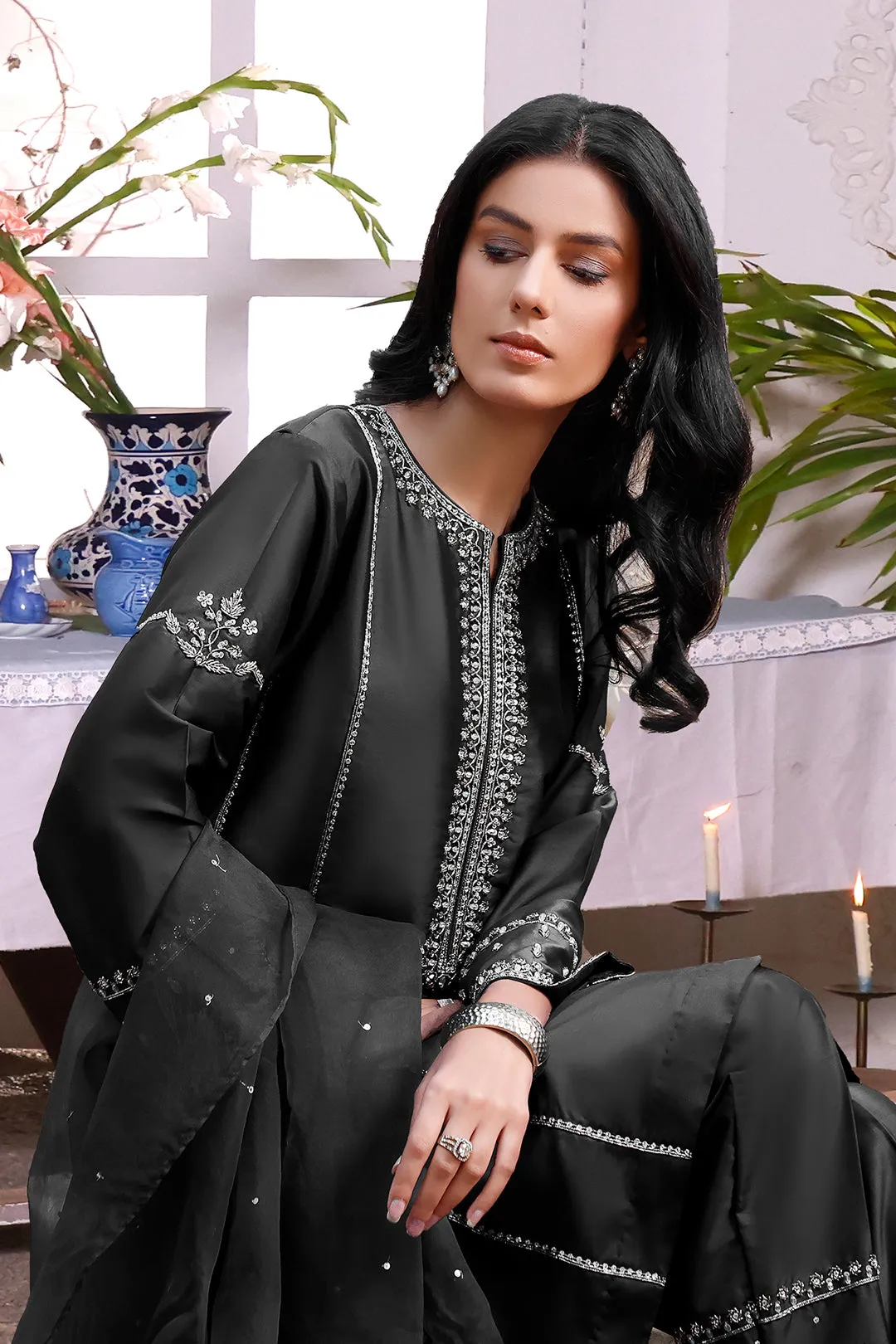 Handwork Embroidered Lychee Silk 3pc Suit | KAIRA | S202165