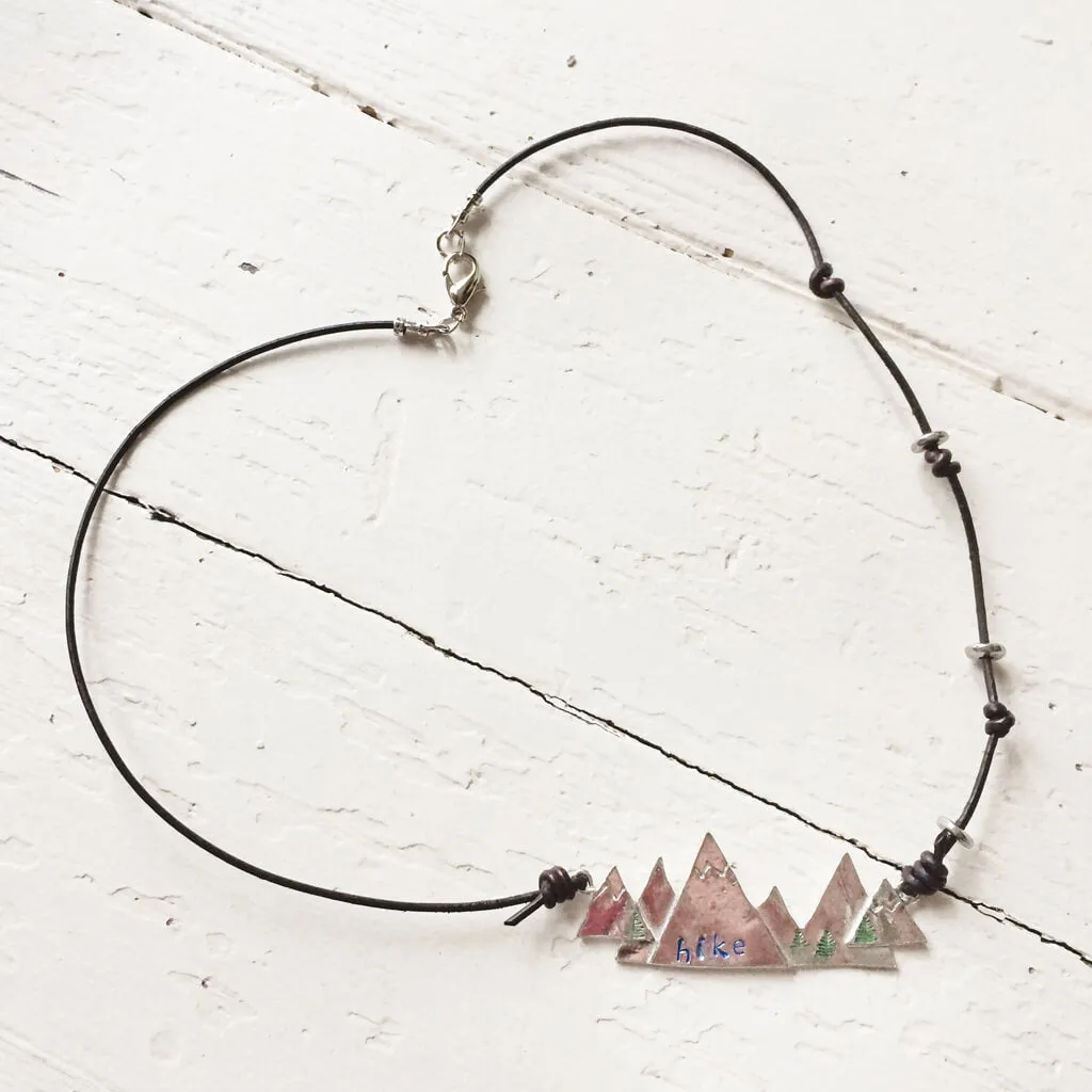 hike II // hand stamped mountain pewter and leather pendant necklace