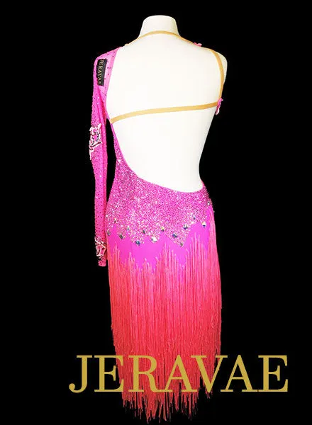 Hot Pink Latin Dress with Fringe and Swarovski Stones Size Medium LAT078