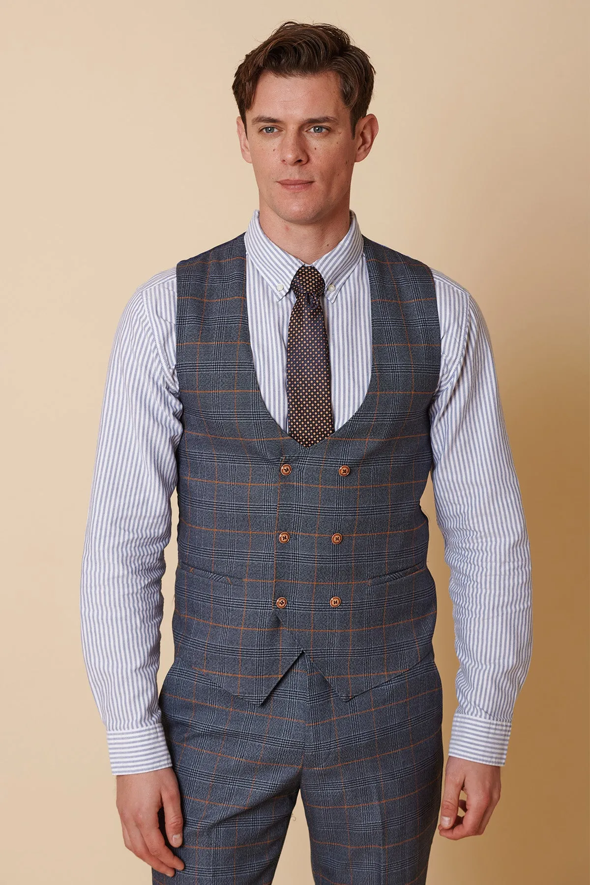 JENSON - Sky Blue Check Suit with Double Breasted Waistcoat