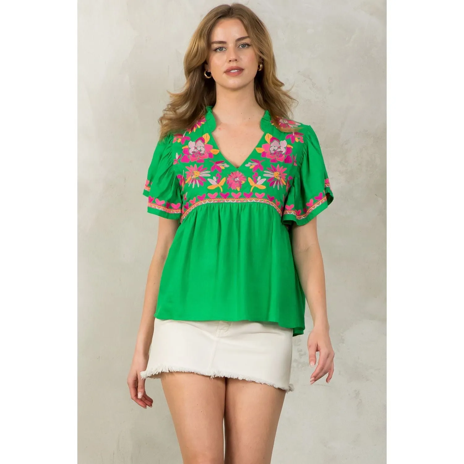 Kalynn Flutter Sleeve Embroidered Detail THML Top