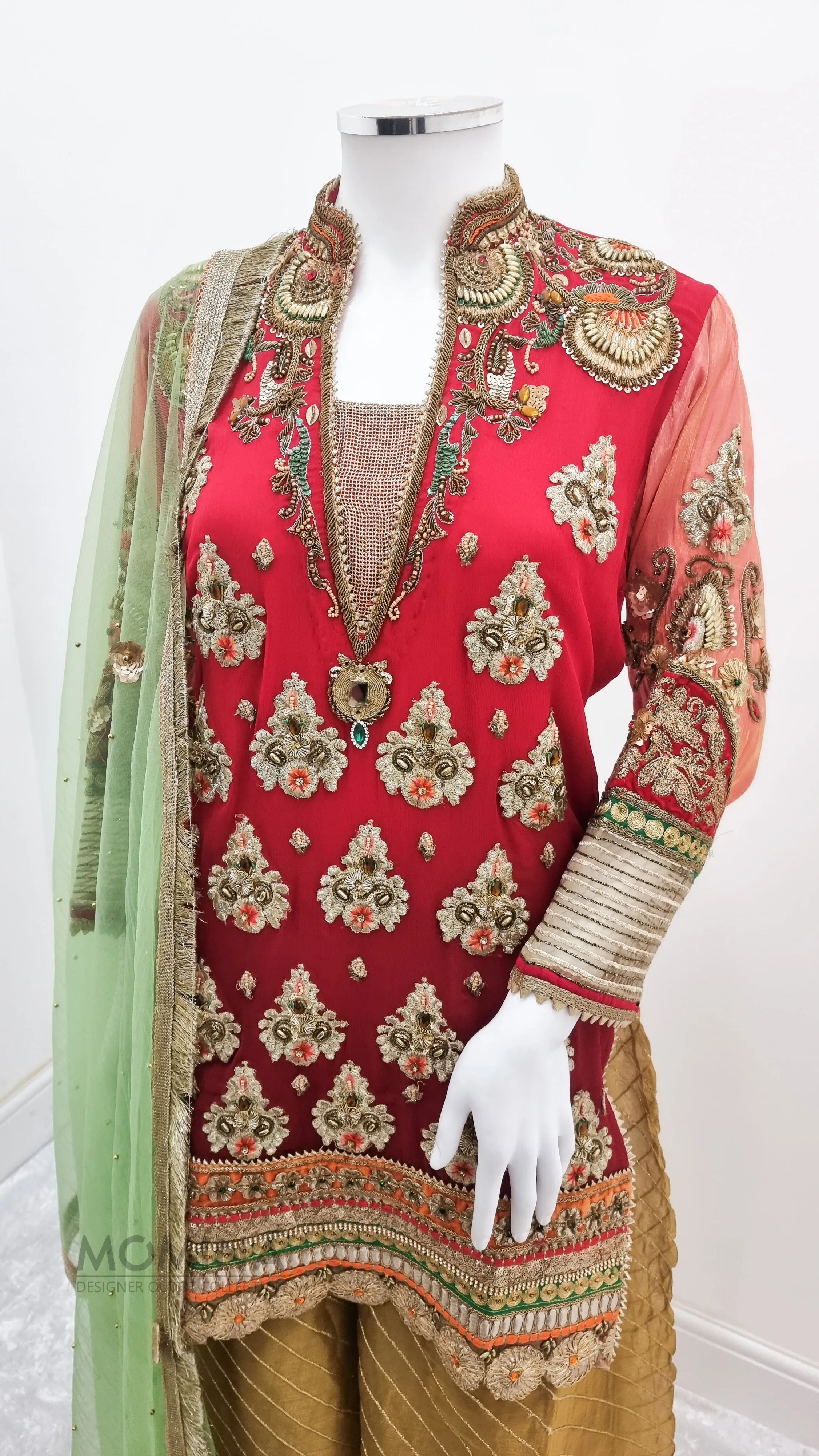 Khuda Baksh Red Chiffon Embroidered Palazzo 3-Piece Suit