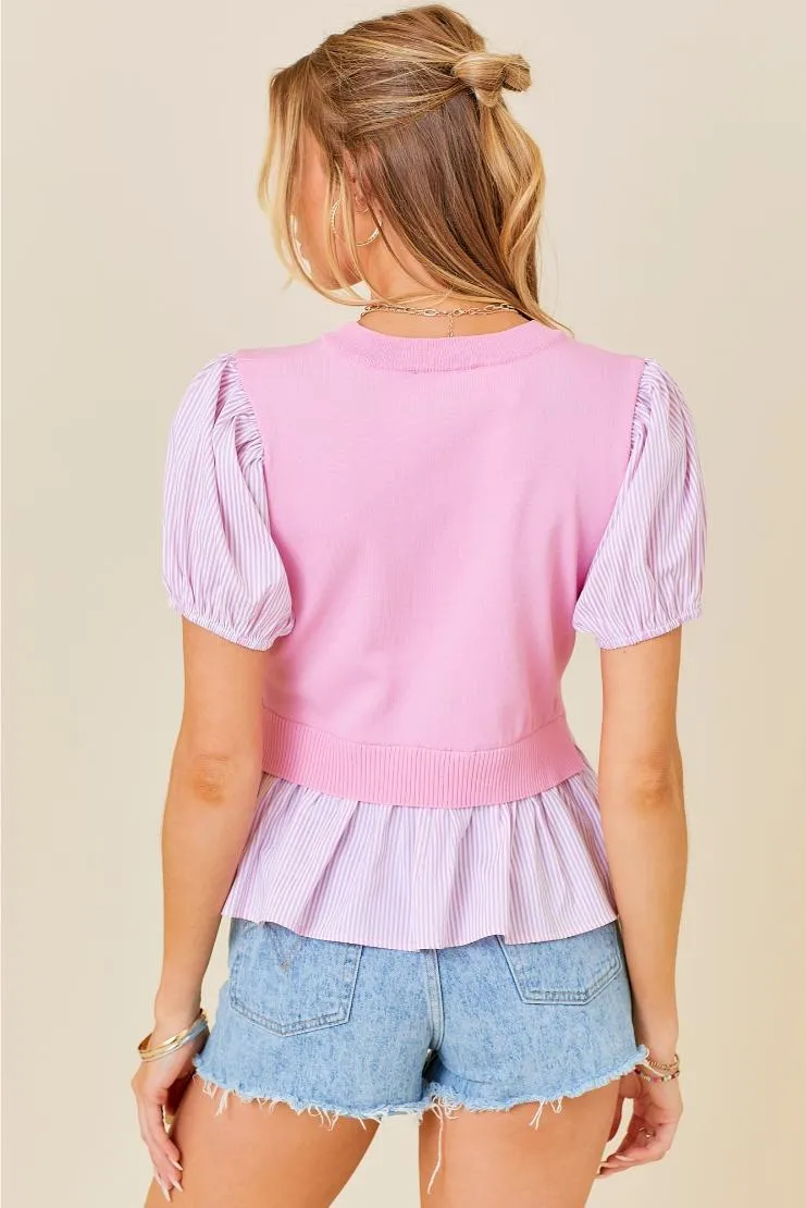 Knit & Pin Striped Contrast Short Sleeve - Pink