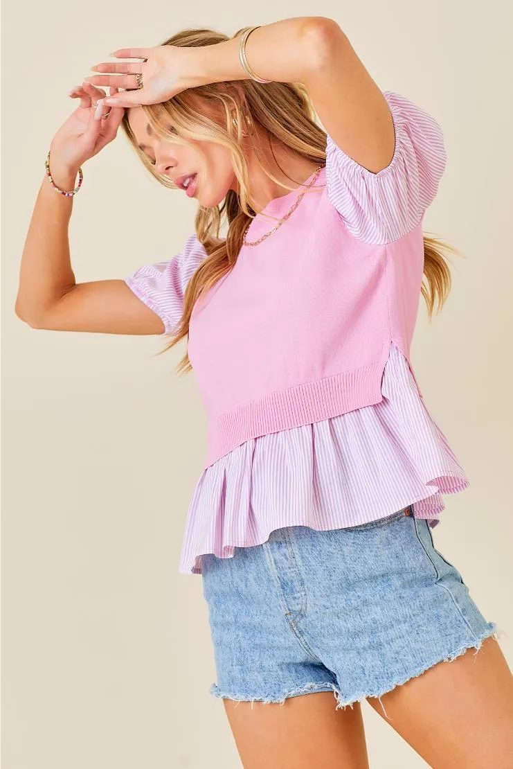 Knit & Pin Striped Contrast Short Sleeve - Pink