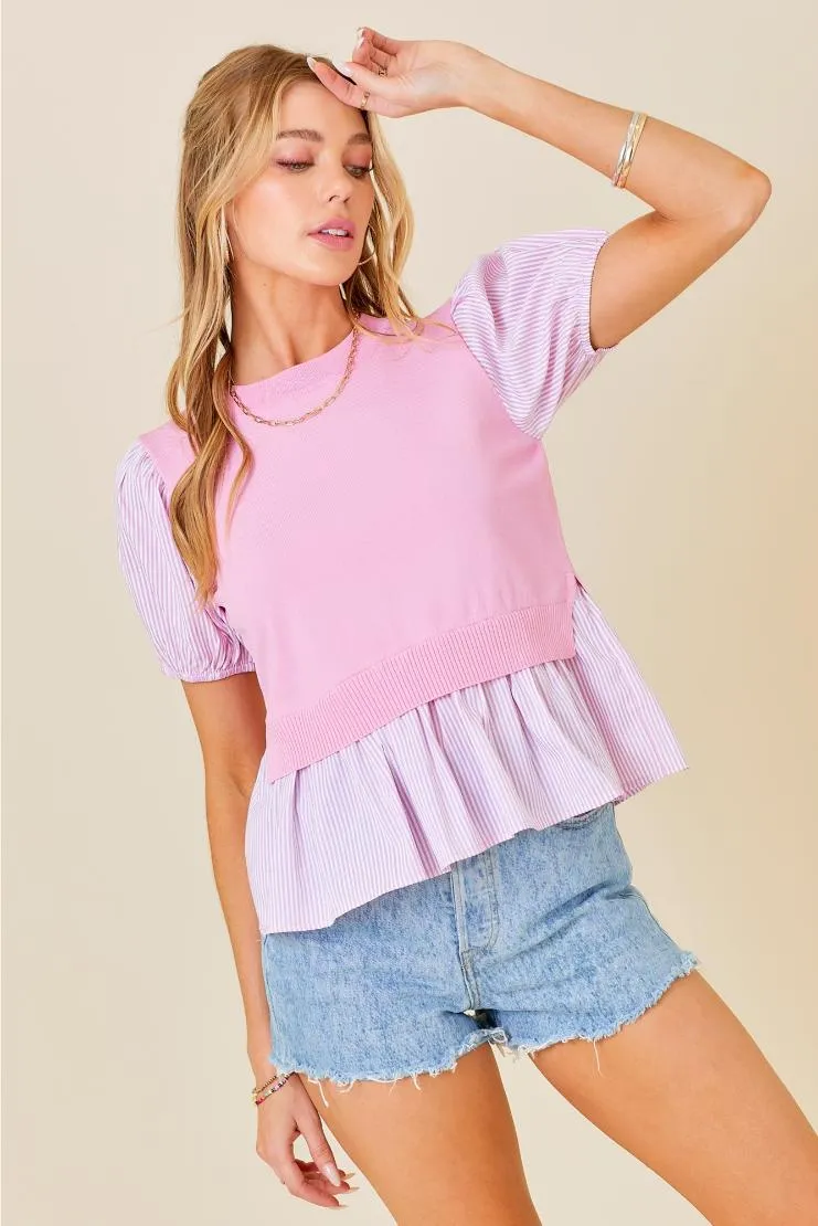 Knit & Pin Striped Contrast Short Sleeve - Pink