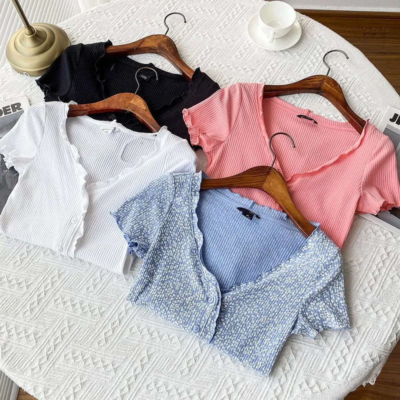 Knitted Short Sleeve Button Down Crop Top Tshirts