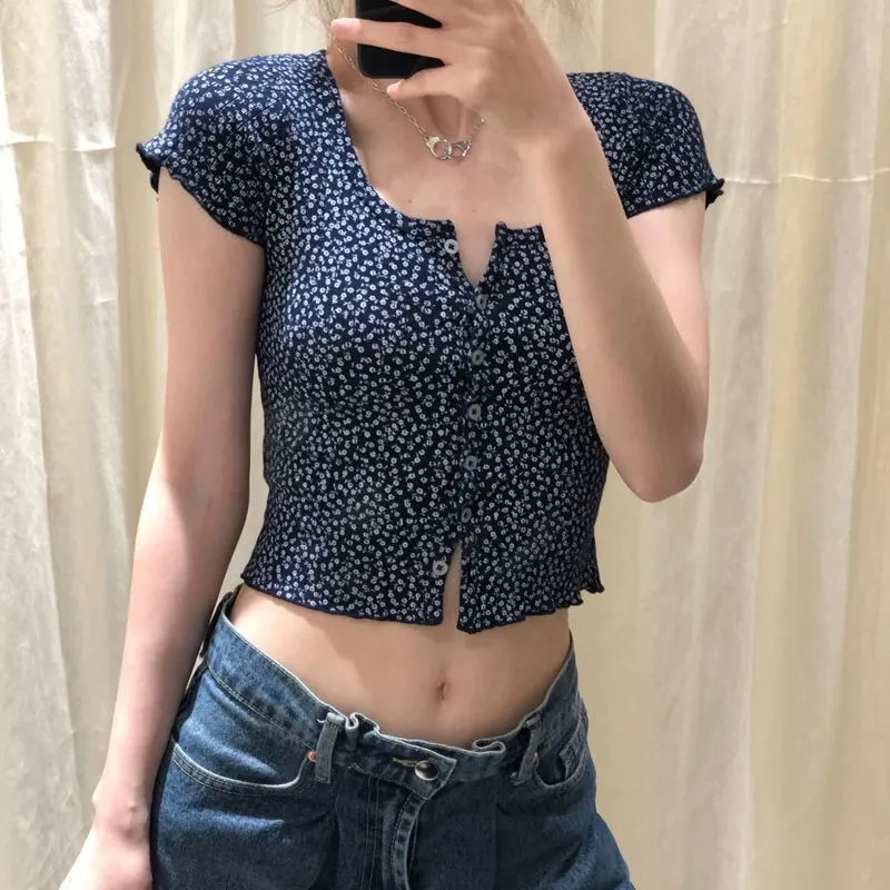 Knitted Short Sleeve Button Down Crop Top Tshirts