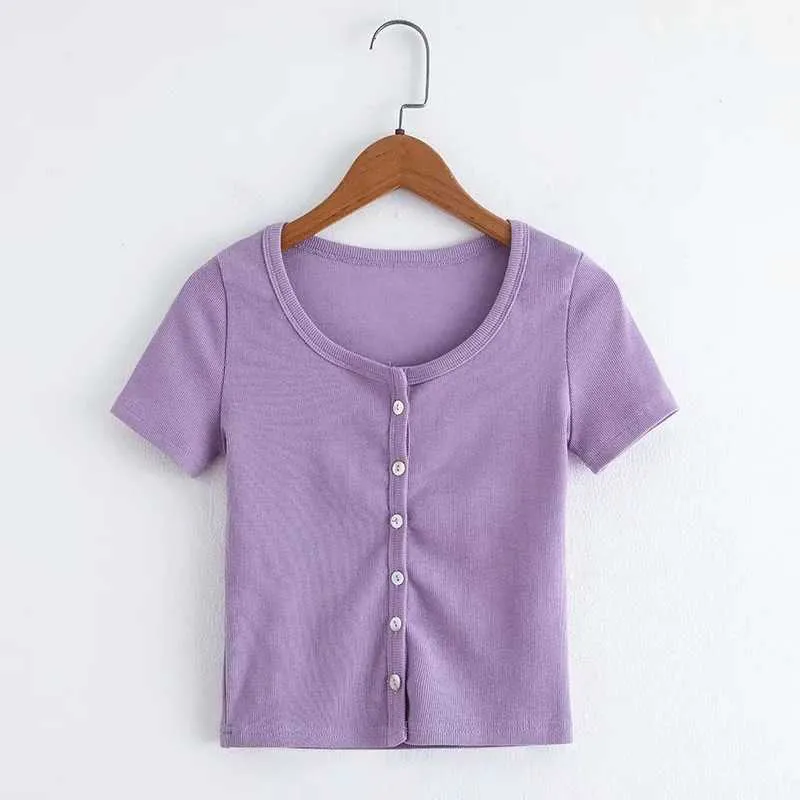 Knitted Short Sleeve Button Down Crop Top Tshirts