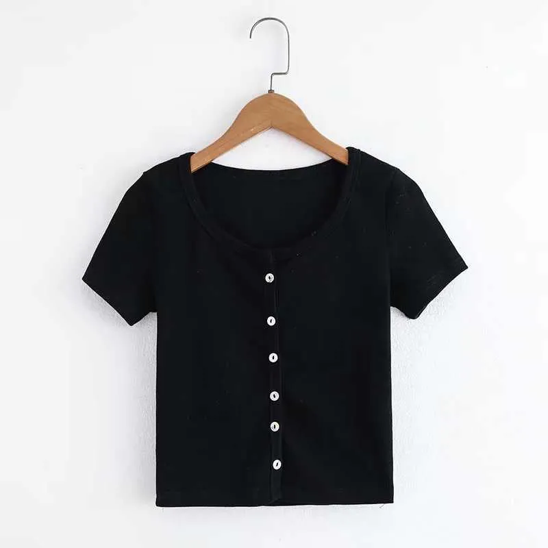 Knitted Short Sleeve Button Down Crop Top Tshirts