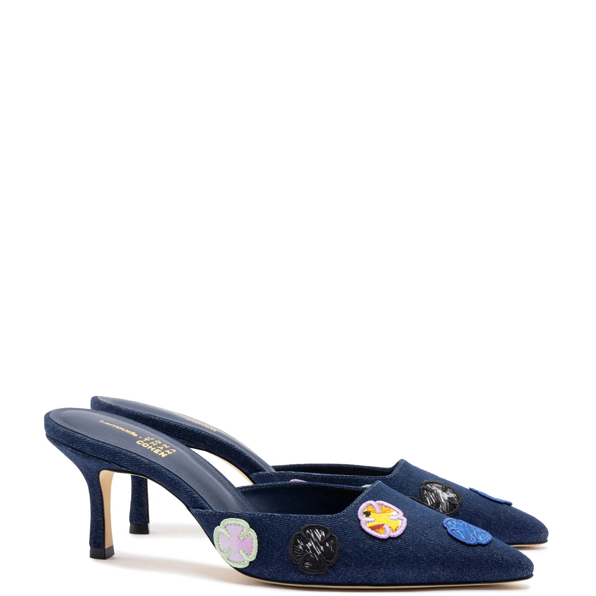 Larroudé for Jonathan Cohen: Amal Mule In Blue Denim and Multicolor Patchwork