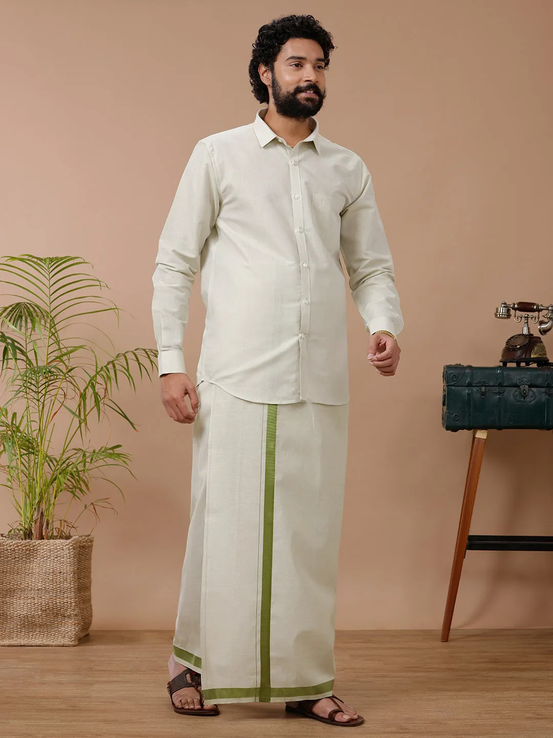 Like Father Like Son Tissue Dhoti & Shirt Combo Set Green