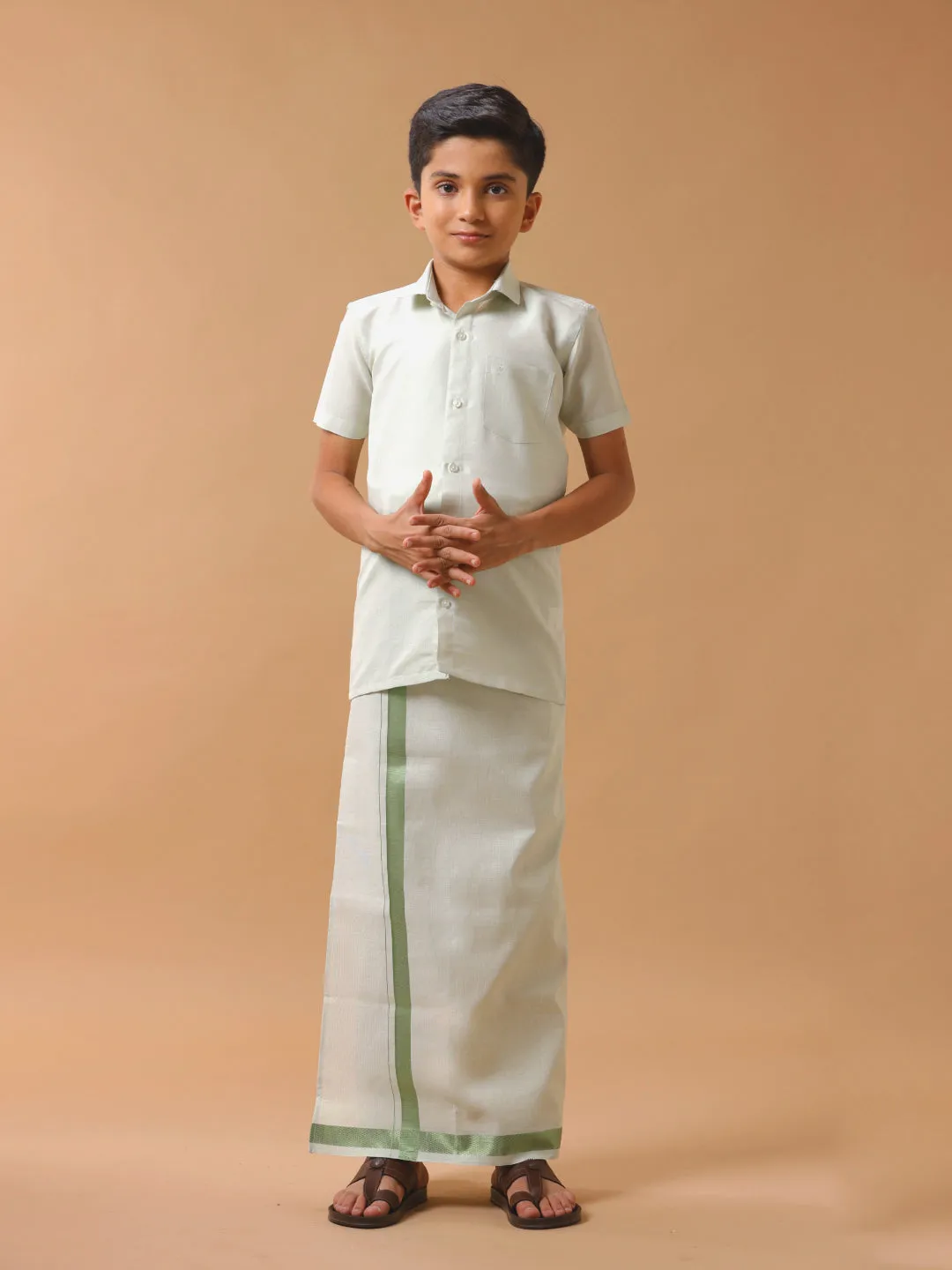 Like Father Like Son Tissue Dhoti & Shirt Combo Set Green