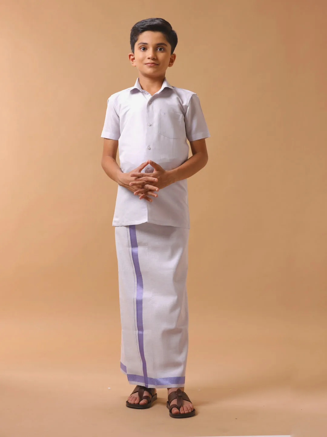 Like Father Like Son Tissue Dhoti & Shirt Combo Set Lavender