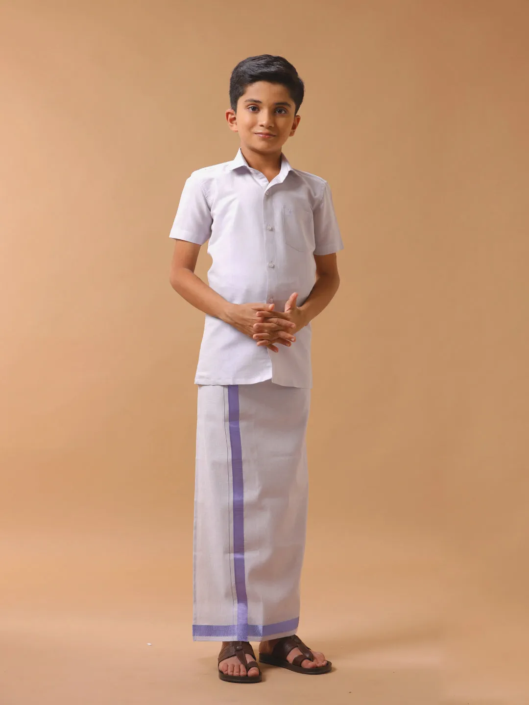 Like Father Like Son Tissue Dhoti & Shirt Combo Set Lavender