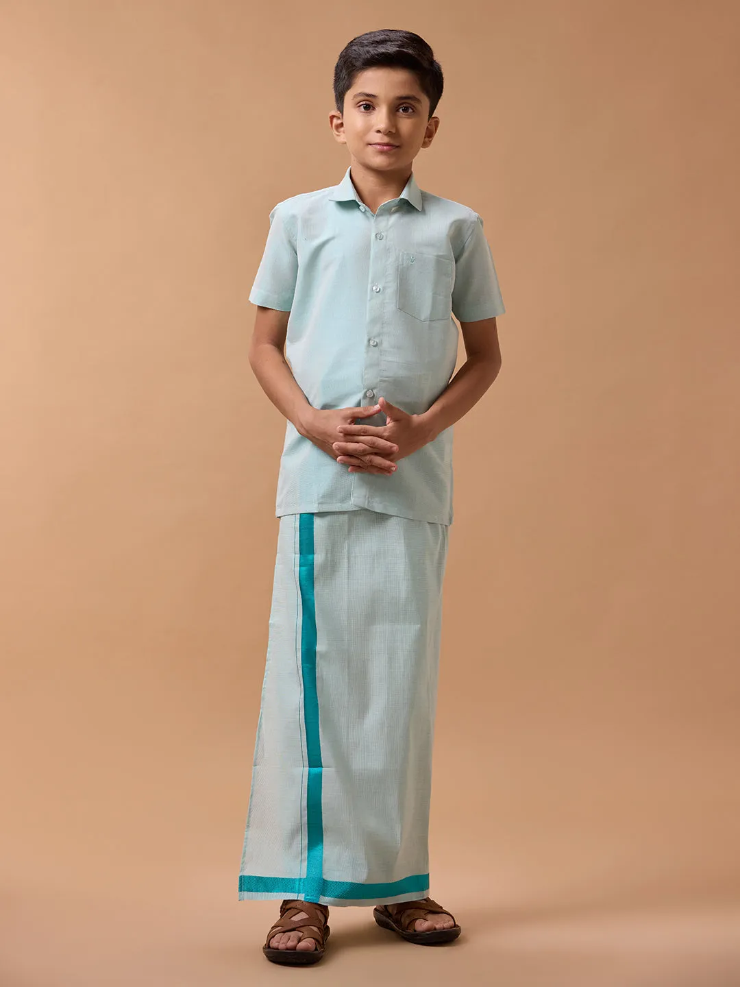 Like Father Like Son Tissue Dhoti & Shirt Combo Set Ramar Green