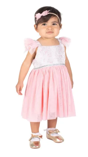 Little Girls Pink Brocade Flutter Sleeve Dress