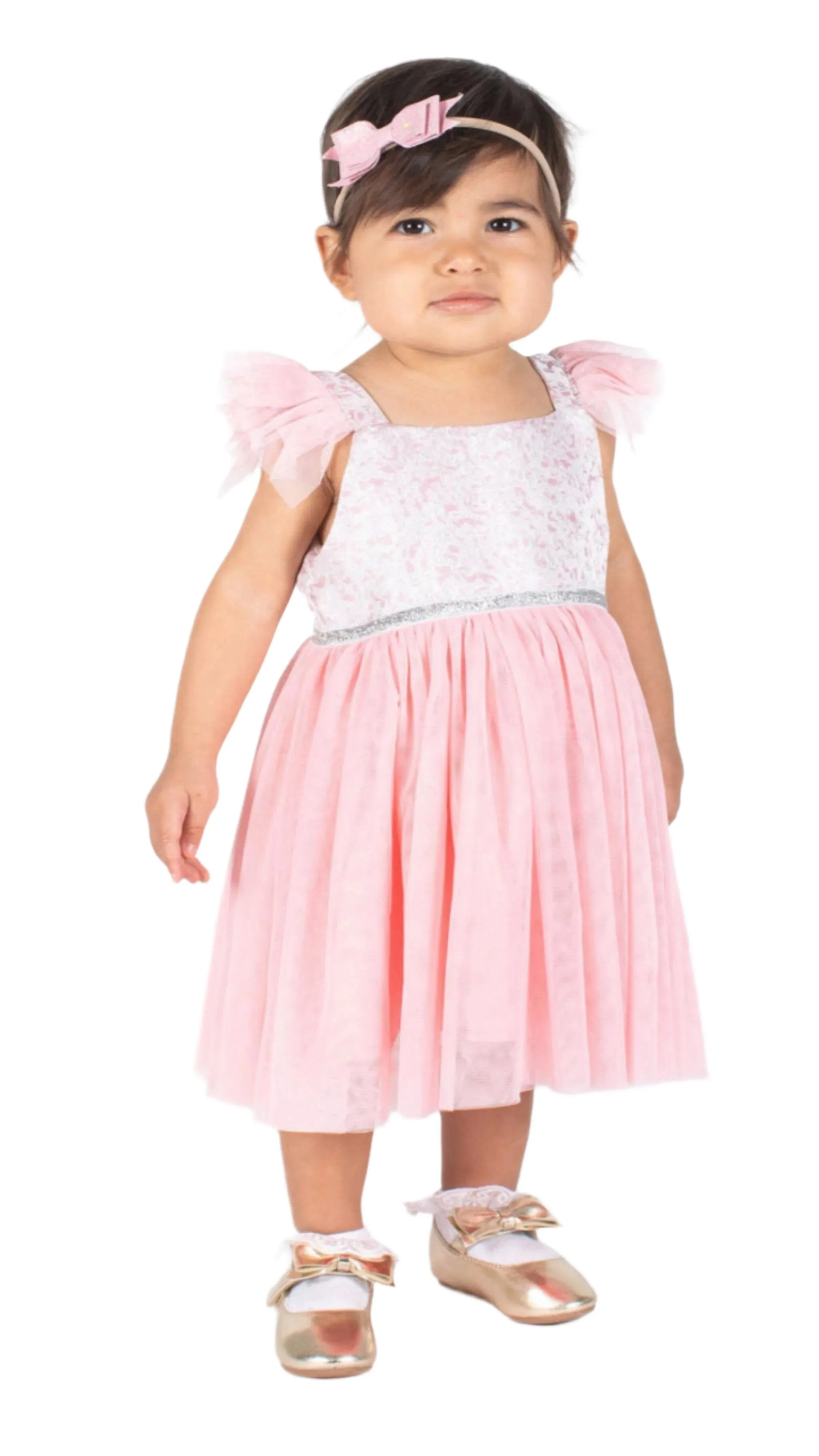 Little Girls Pink Brocade Flutter Sleeve Dress