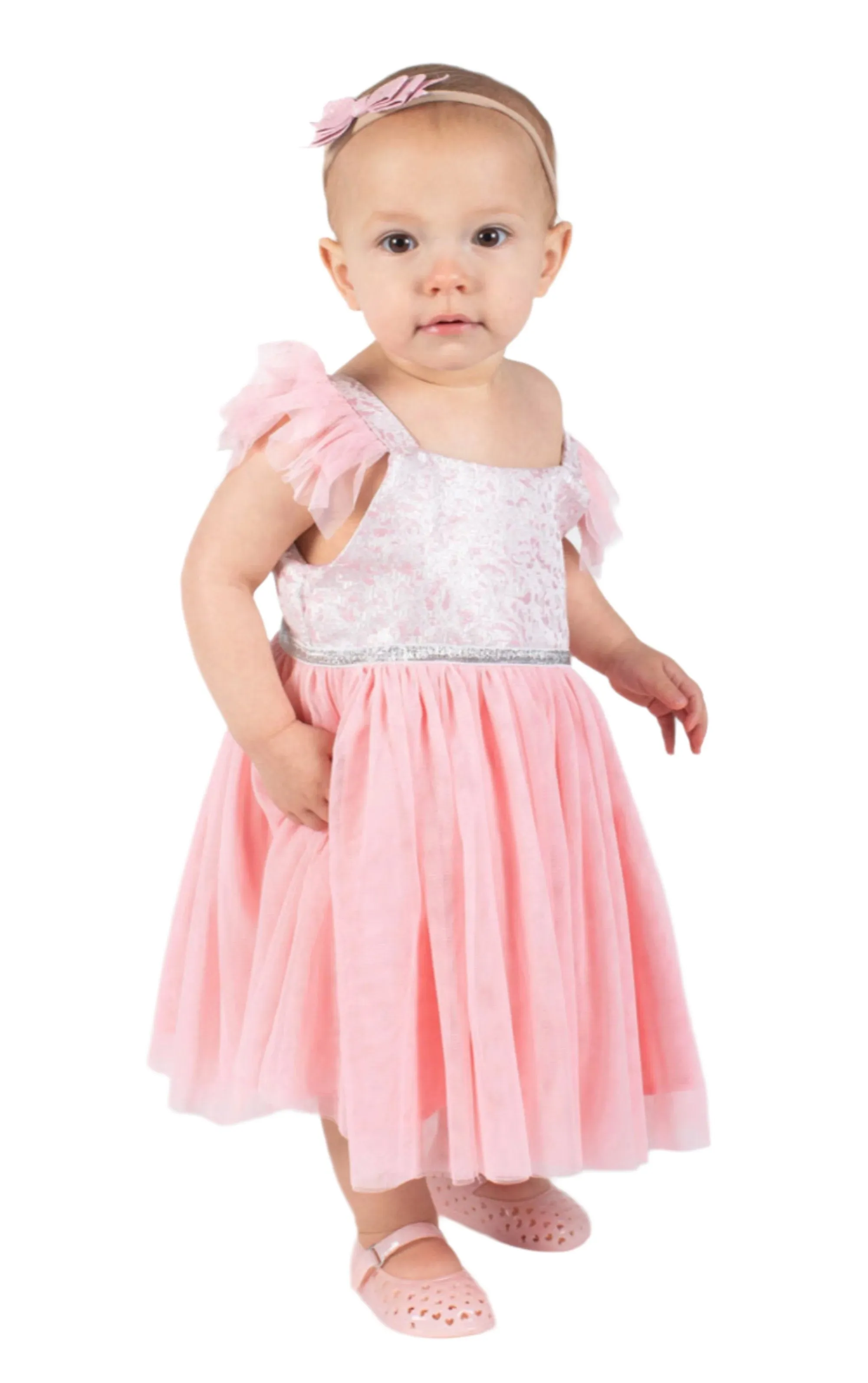 Little Girls Pink Brocade Flutter Sleeve Dress